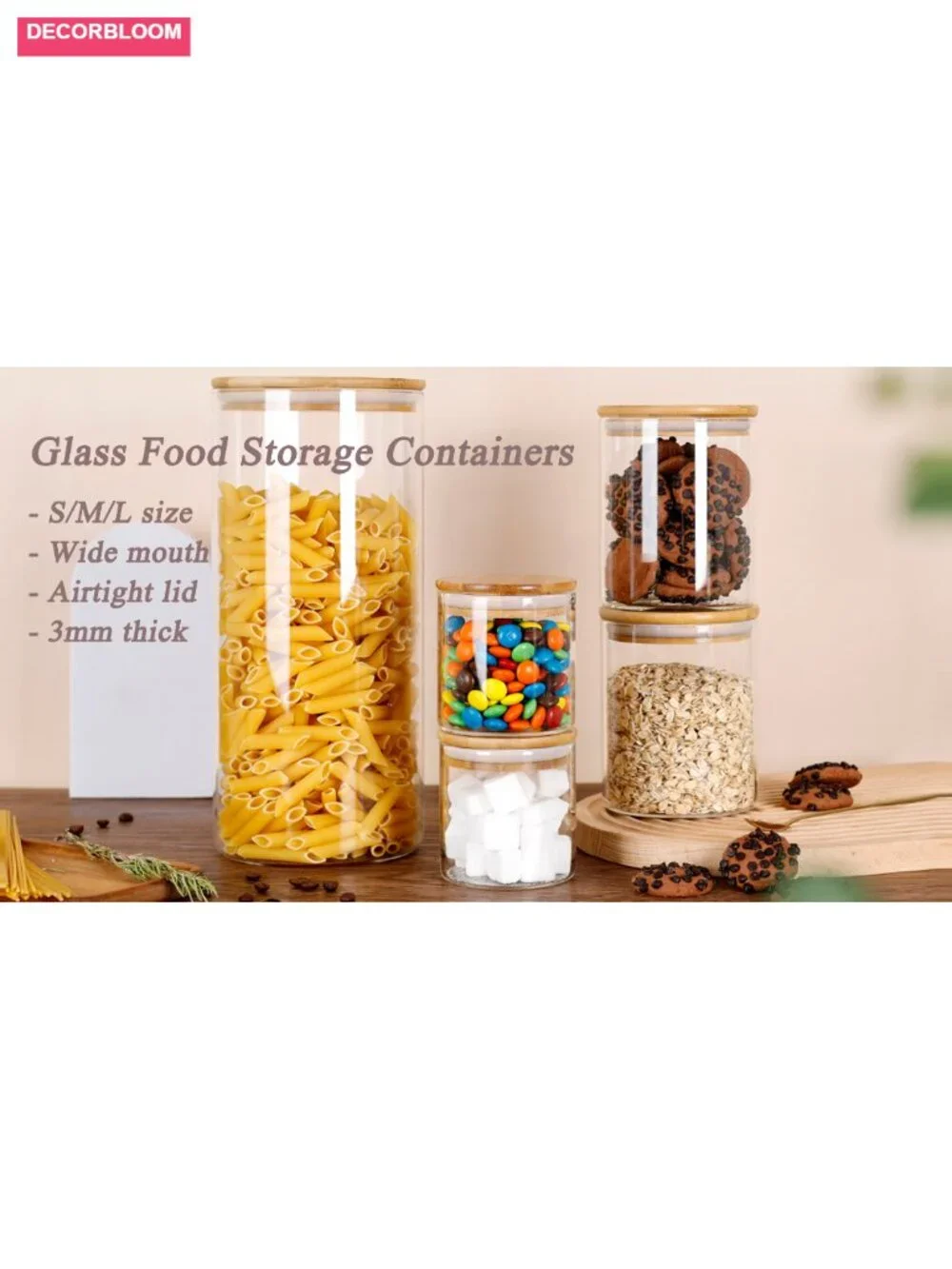 Large Glass Food Storage Jars with Bamboo Lids - Airtight Canisters for Coffee,